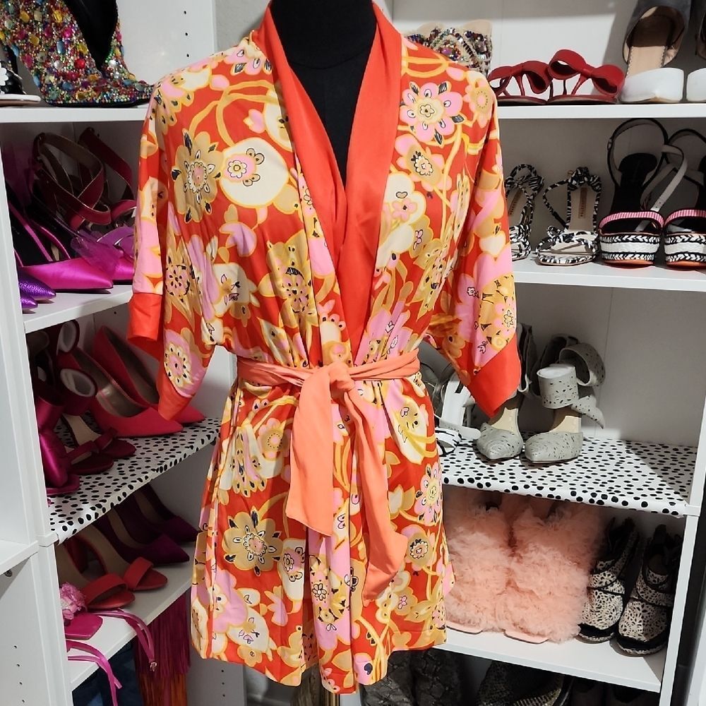 Elegant Orange and Pink Floral Robe with Tie Belt